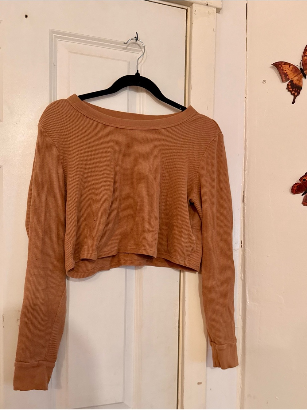 MATE the Label Cropped Ribbed Long-Sleeve Top in Camel